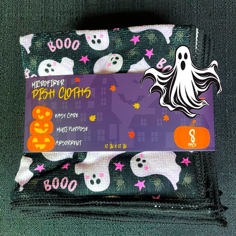 8x Halloween Ghosts Microfiber Kitchen Dish Towel Set Black White Spiders NWT